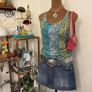 Y2K Scene McBling Blue & Green Zebra Print Tank Top by OP - Ocean Pacific